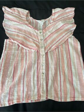 Women’s Pink & White Striped Button Front Ruffle Tank Top